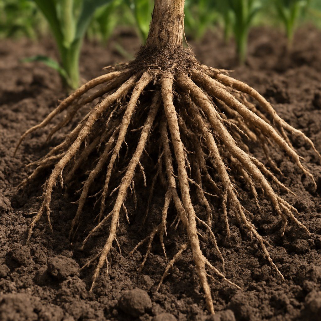 Close-up of an excavated corn root mass in dark soil