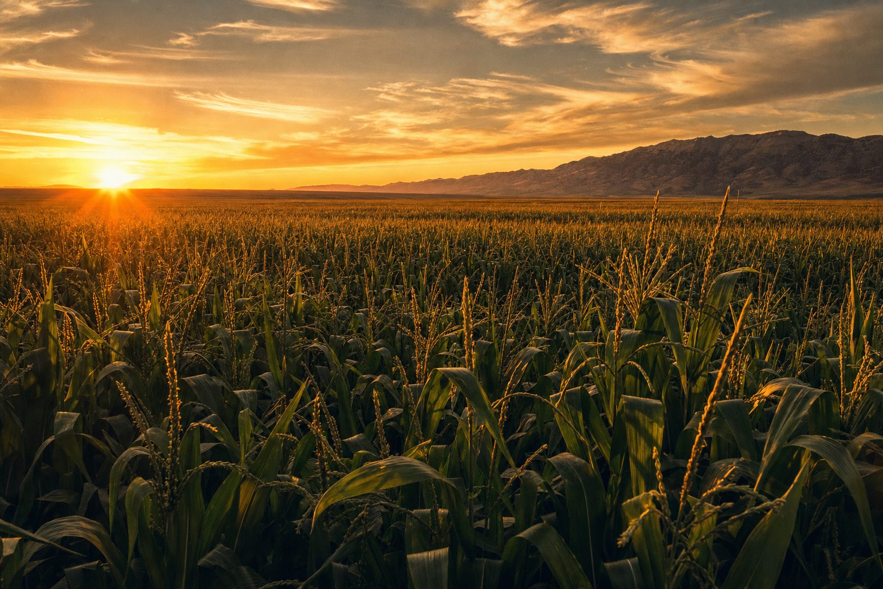 Golden-hour Western Hybrids field in southwest Idaho with mountains on the horizon