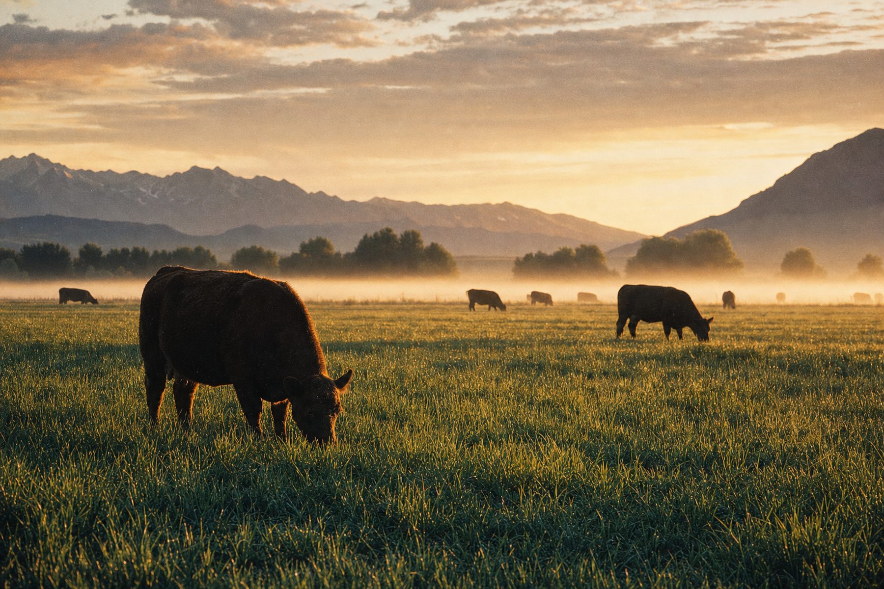 Cattle grazing irrigated pasture below dry western hills